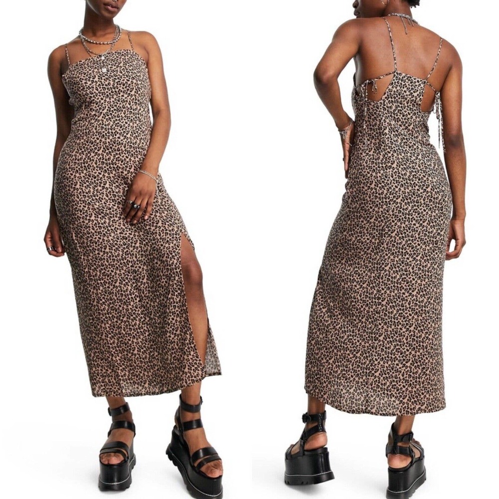 Topshop New Animal Print Split Side Spaghetti Strap Midi Slipdress US 10